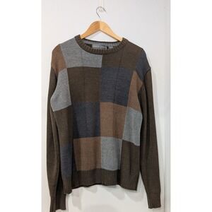 Oscar De La Renta Mens Color Block Patchwork Crewneck Sweater Brown Grey Large